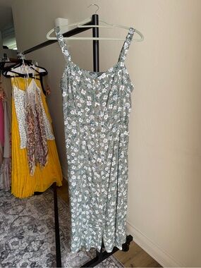 Angels Sage Green Floral Midi Dress with White Blossoms